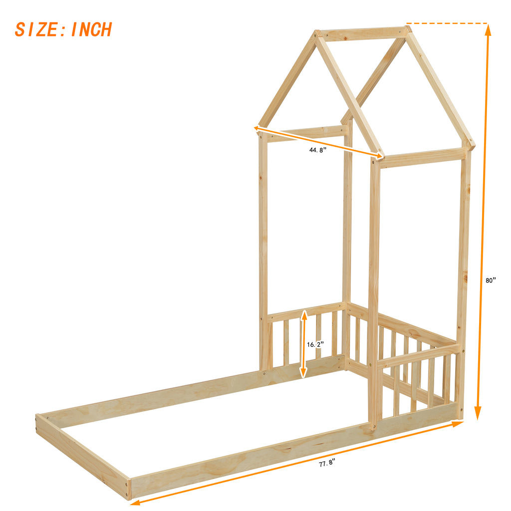 Twin House-shaped Roof Headboard Floor Bed Frame,,(without slats),Natural