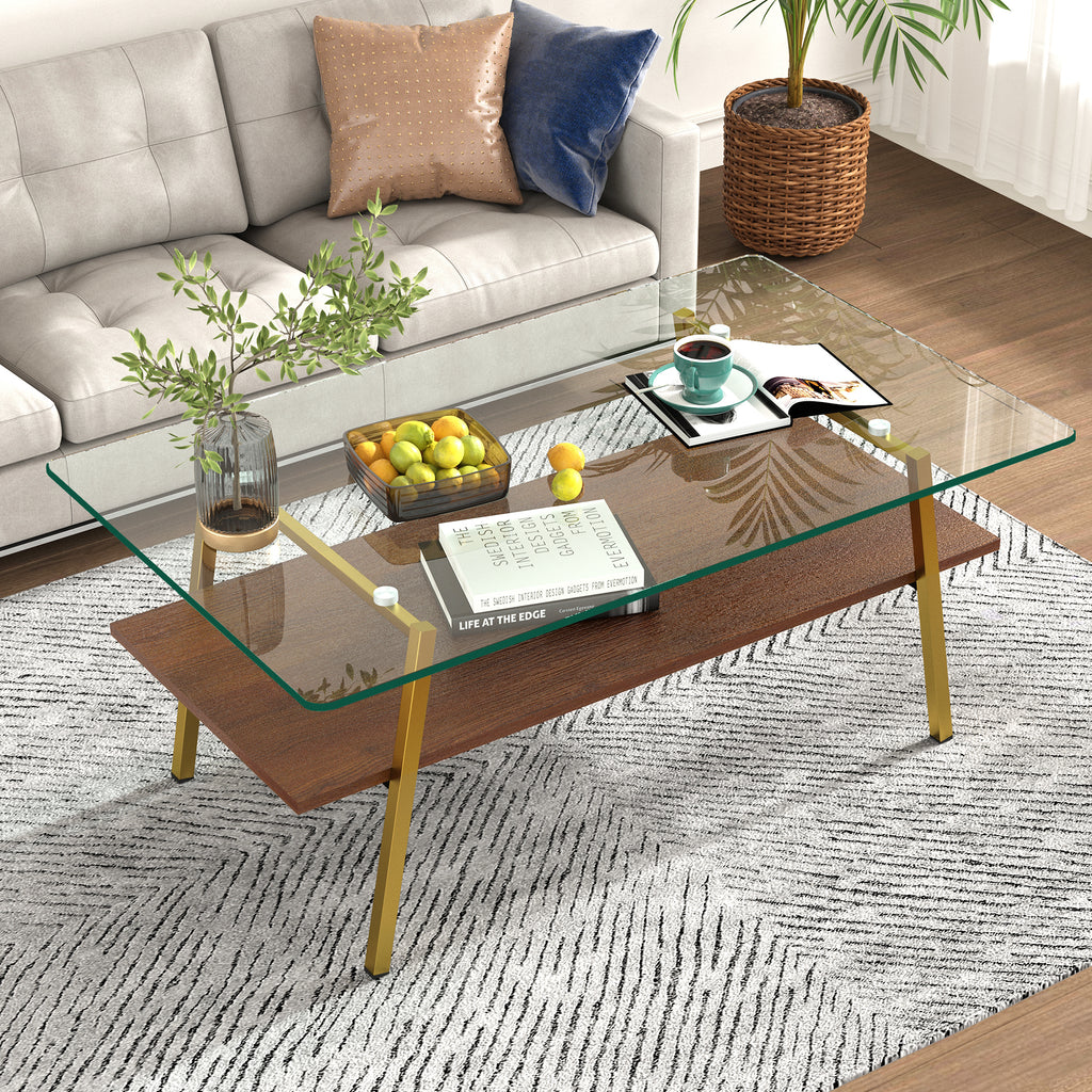 Leoglint Rectangle Coffee Table, Tempered Glass Tabletop with Gold Metal Legs, Modern Table for Living Room , Transparent Glass