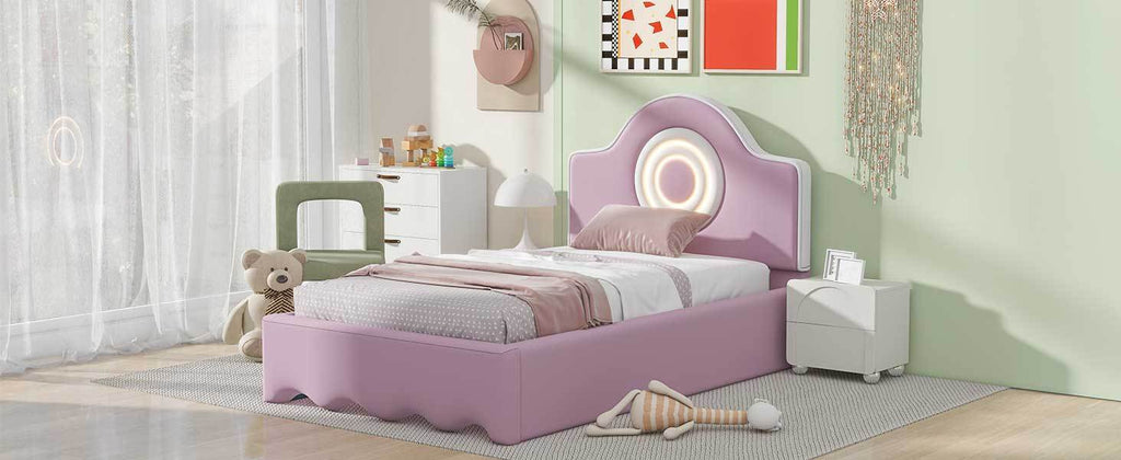 Leoglint Twin Size Upholstered Platform Bed Frame with LED Headboard, Pink