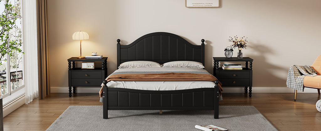 Traditional Concise Style Black Solid Wood Platform Bed Frame, No Need Box Spring, Full