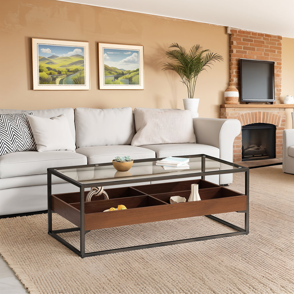 Leoglint 47.24"Rectangle Glass Coffee Table with storage shelf and metal table legs , Home Furniture for Living Room