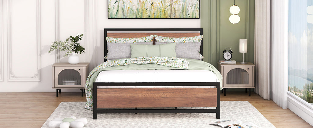 Queen Size Platform Bed, Metal and Wood Bed Frame with Headboard and Footboard , Black