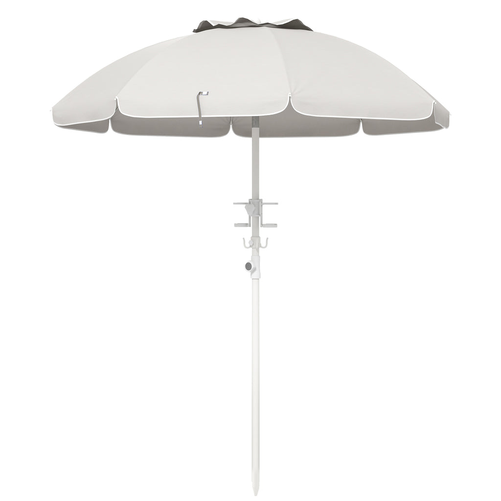 Leoglint 5.7' Portable Beach Umbrella with Tilt, Adjustable Height, 2 Cup Holders & Hooks, UV 40+ Ruffled Outdoor Umbrella with Vented Canopy, Cream White