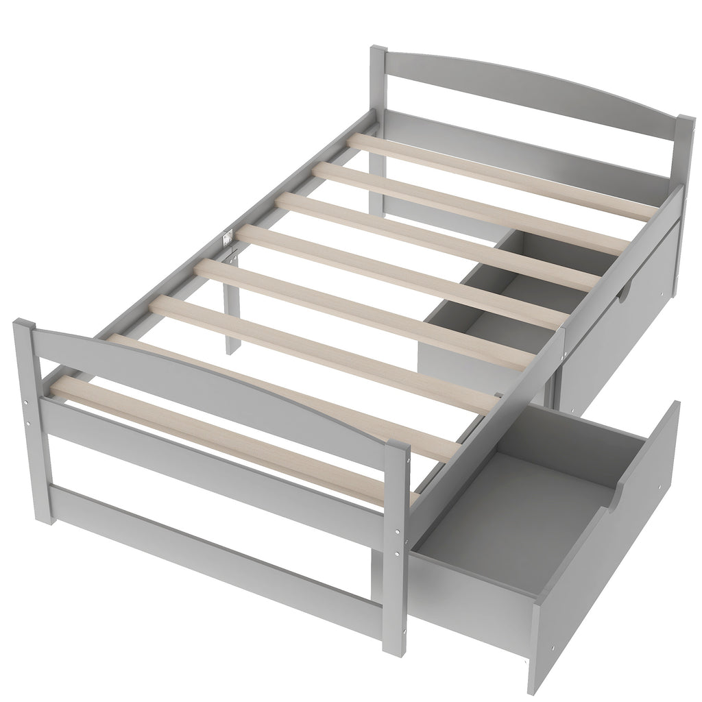 Leoglint Twin size platform bed frame, with two drawers, gray