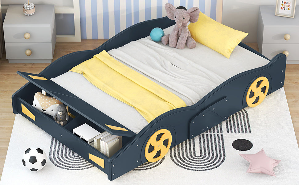 Leoglint Bed Frame Full Size Race Car-Shaped Platform Bed with Wheels and Storage, Dark Blue+Yellow