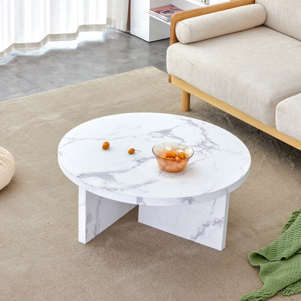 Leoglint A white MDF material circular patterned coffee table, a 31.4-inch white center table, modern coffee table, suitable for small spaces and living rooms.