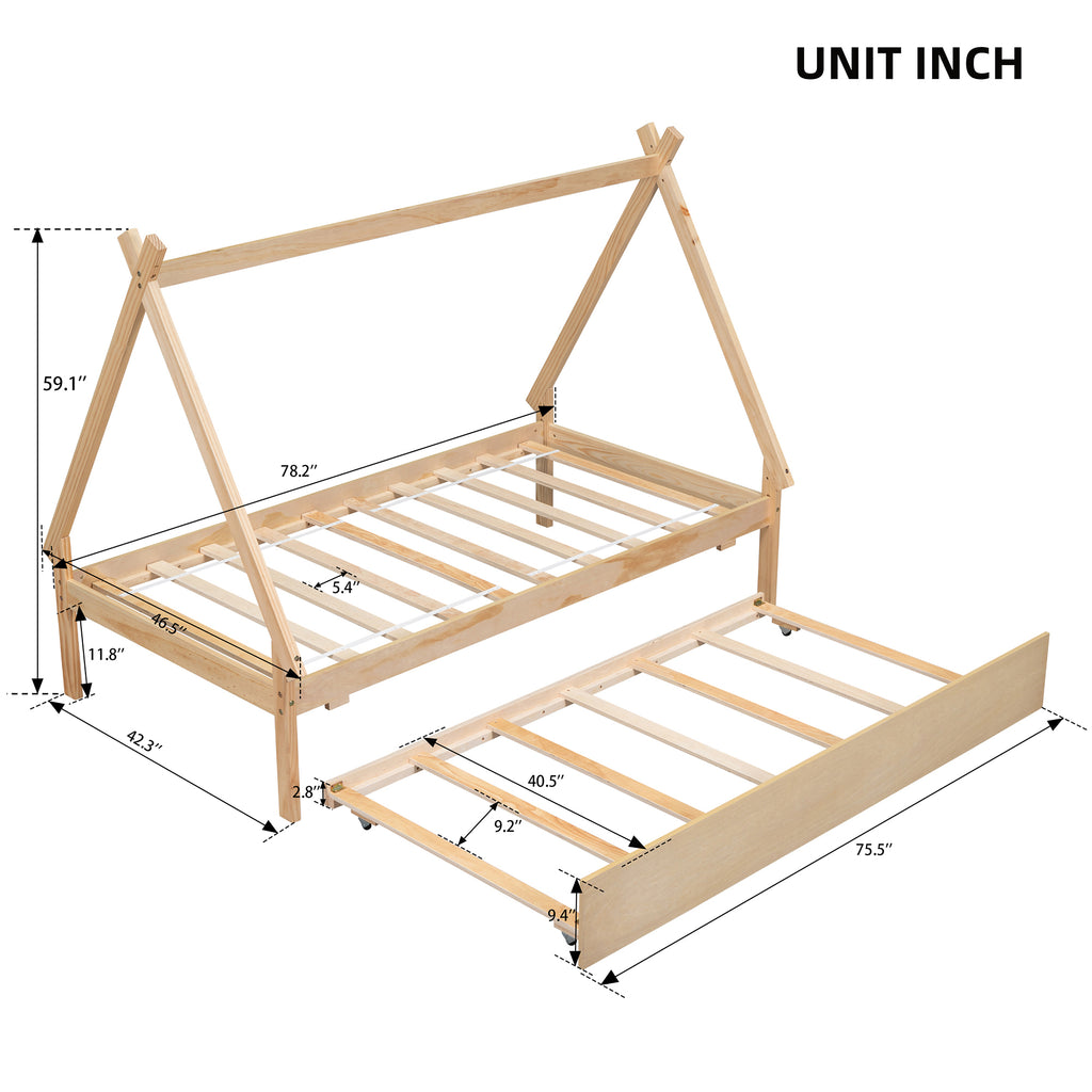 Leoglint Twin size Tent Floor Bed Frame, Teepee Bed, with Trundle,Natural