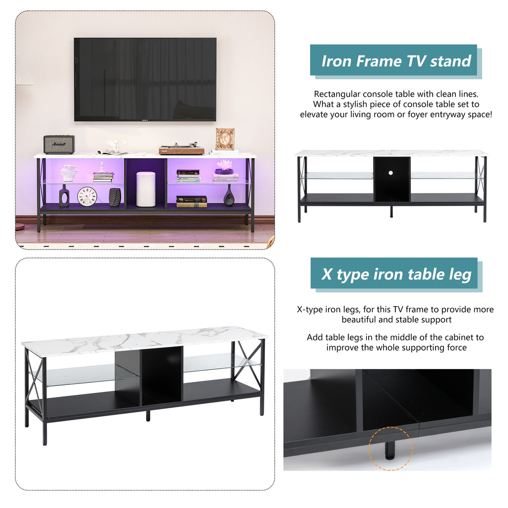 Leoglint TV stand,Iron TV cabinet,entertainment center, TV set, media console, with LED lights, remote control,toughened glass stand,can be placed in the living room, bedroom, color:white with marble texture