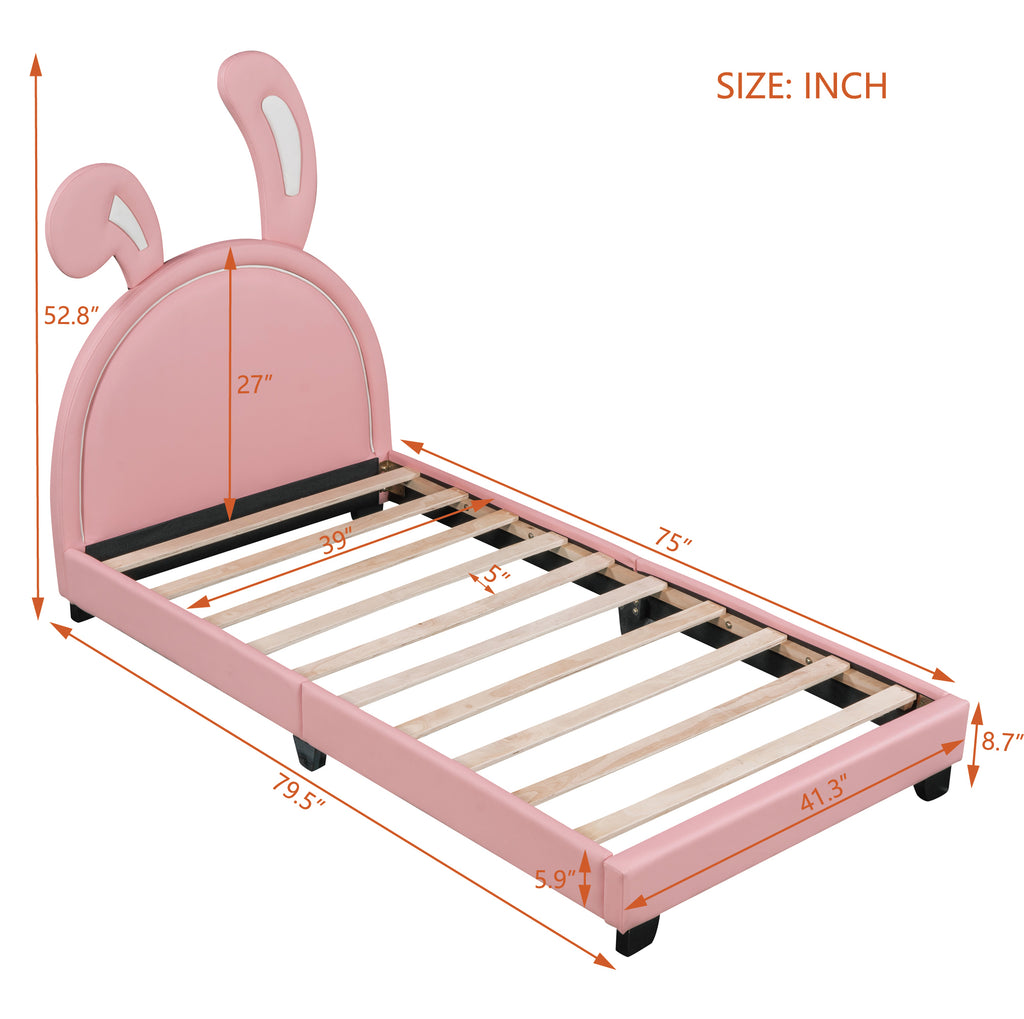 Leoglint Twin Size Upholstered Leather Platform Bed Frame with Rabbit Ornament, Pink