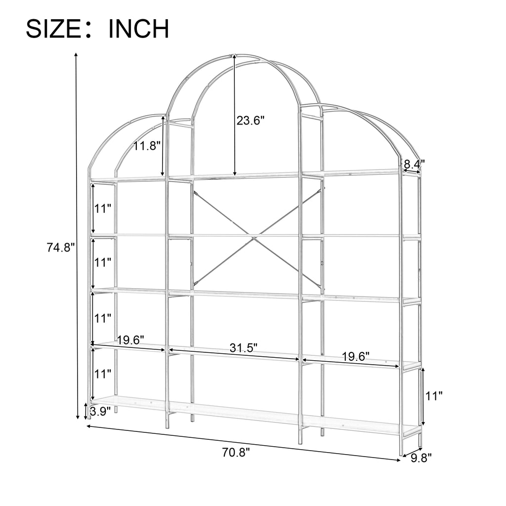 Leoglint 74.8 Inch 5 Tiers Office Bookcase Bookshelf, Display Shelf with Round Top, X Bar Gold Frame