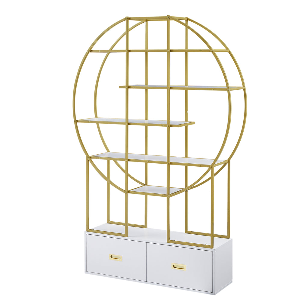 Leoglint 70.8 Inch Round Office Bookcase Bookshelf, Display Shelf, Two Drawers, Gold Frame