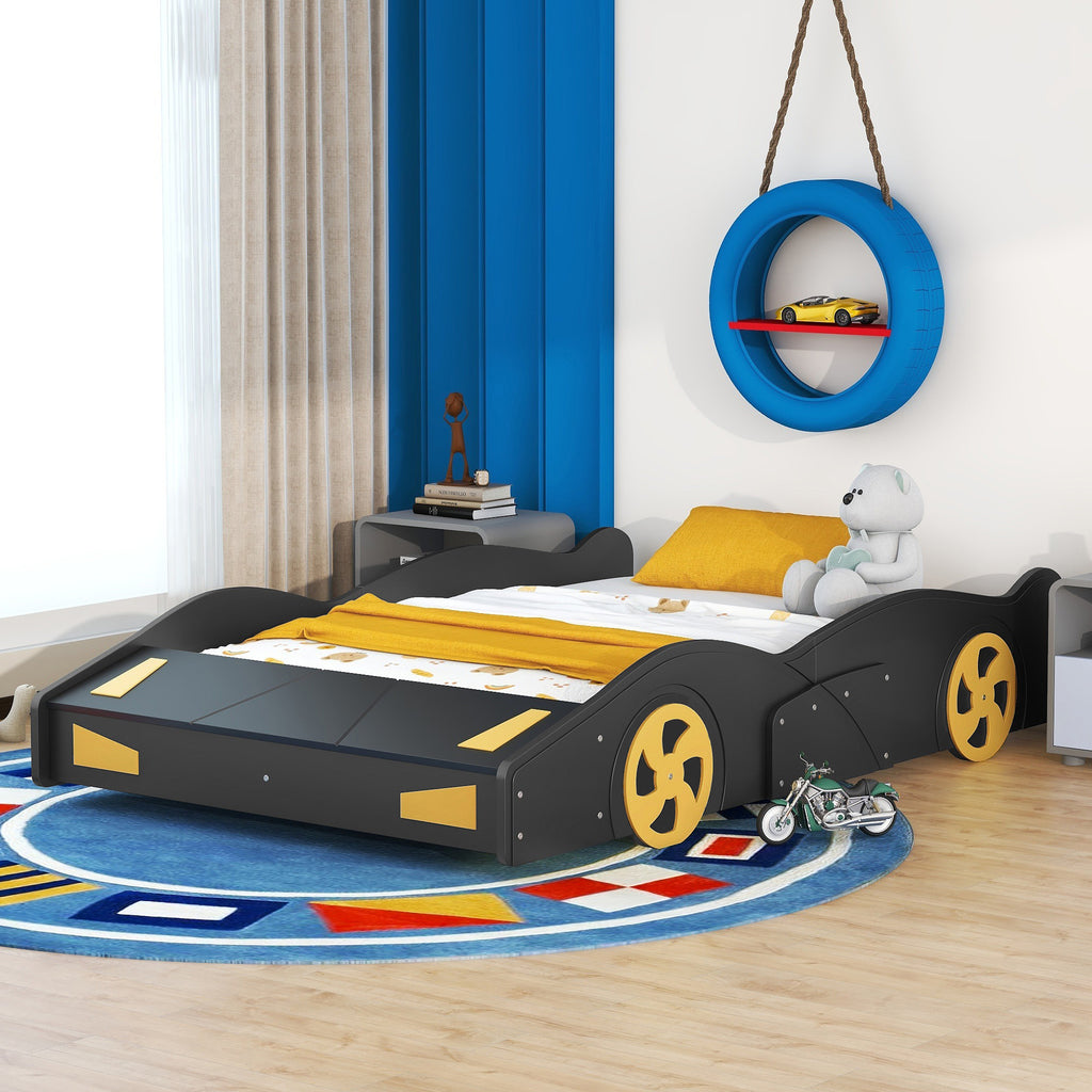 Leoglint Full Size Race Car-Shaped Platform Bed with Wheels and Storage, Black+Yellow