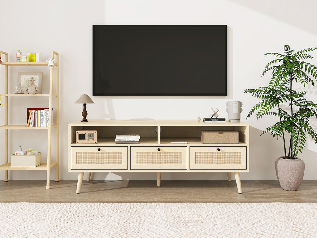 Leoglint Rattan TV Stand with Solid Wood Feet, TV Console Table for Living Room, Natural