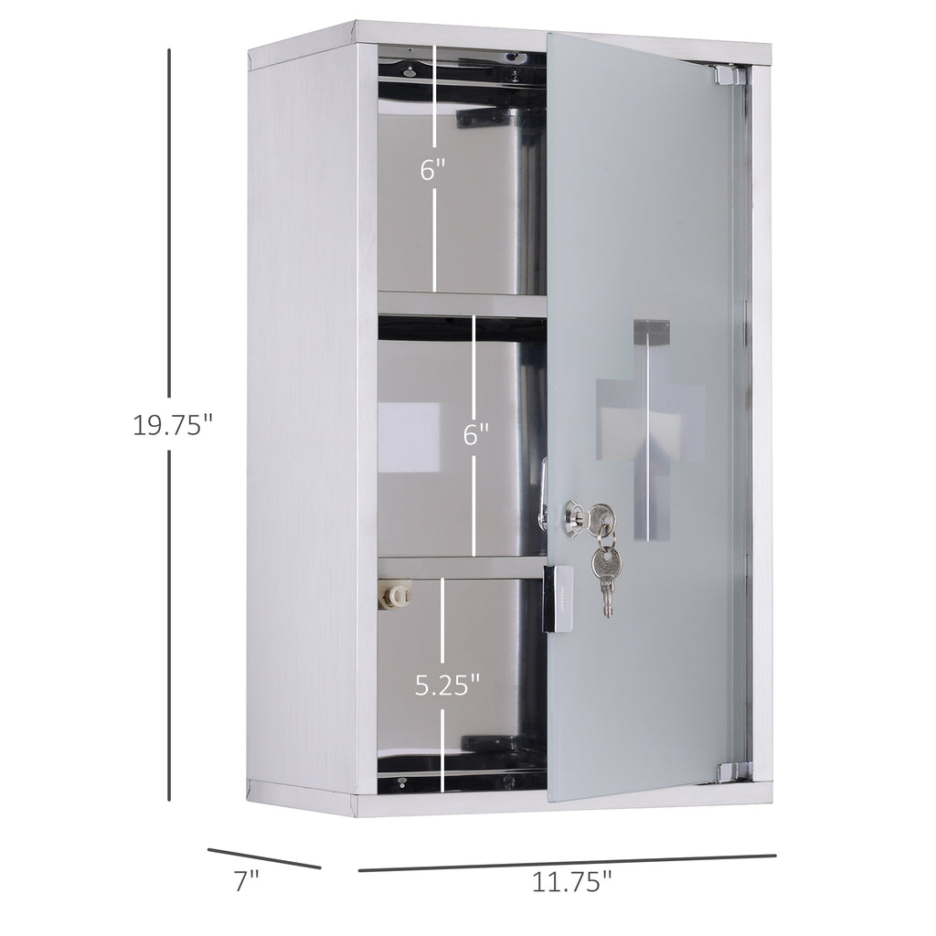 Leoglint kleankin Wall Mounted Medicine Cabinet, Locking Wall Cabinet with 3 Tier Shelves, Stainless Steel Frame and Glass Door, Lockable with 2 Keys, Silver, 12" x 20"