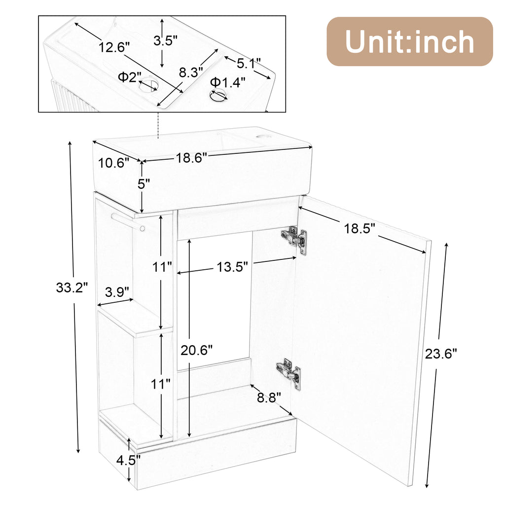 Leoglint 18.6" Bathroom Vanity with Sink, Bathroom Vanity Cabinet with Two-tier Shelf, Left or Right Orientation, White