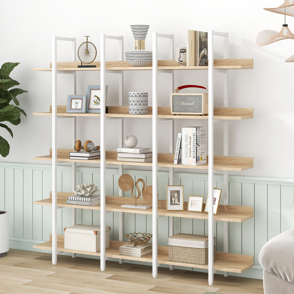 Leoglint 5 Tier Bookcase Home Office Open Bookshelf, Vintage Industrial Style Shelf, MDF Board, White Metal Frame, Oak