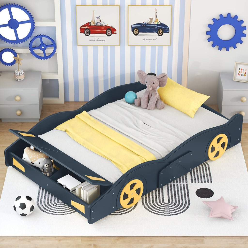 Leoglint Bed Frame Full Size Race Car-Shaped Platform Bed with Wheels and Storage, Dark Blue+Yellow