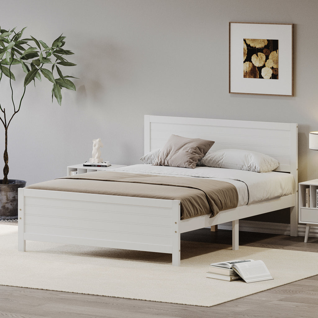 Leoglint Wood Platform Bed Frame with Headboard, Mattress Foundation with Wood Slat Support, No Box Spring Needed, King Size, White