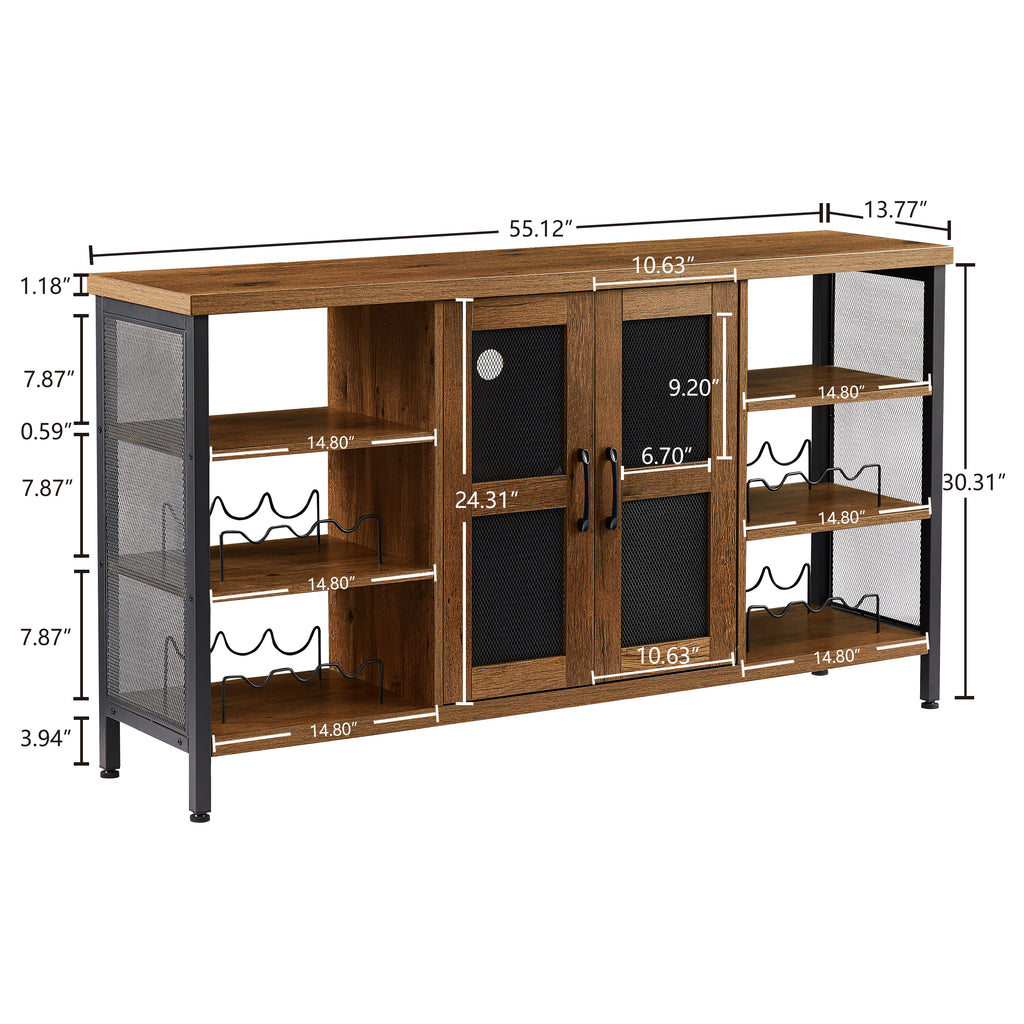 Leoglint JHX Industrial Wine Bar Cabinet, Liquor Storage Credenza, Sideboard with Wine Racks & Stemware Holder (Hazelnut Brown, 55.12''w x 13.78''d x 30.31' ' h)