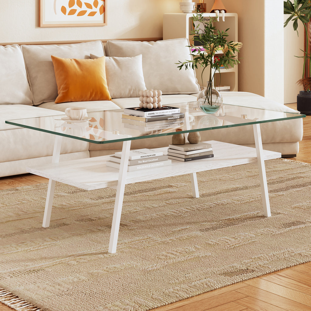 Leoglint Rectangle Coffee Table, Tempered Glass Tabletop with White Metal Legs, Modern Table for Living Room , Transparent Glass