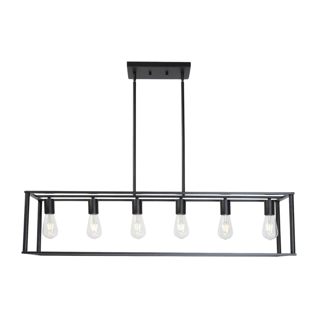 Leoglint Pendant 6 Light Rectangle Chandelier Contemporary Farmhouse Linear Pendant Lighting Black Industrial Vintage Kitchen Island Metal Cage Ceiling Light Fixture