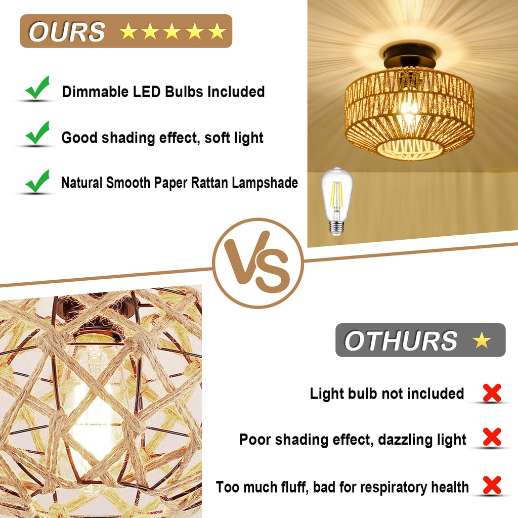 Leoglint Pendant Mini Rattan Flush Mount Light Chandelier with Dimmable LED Bulb