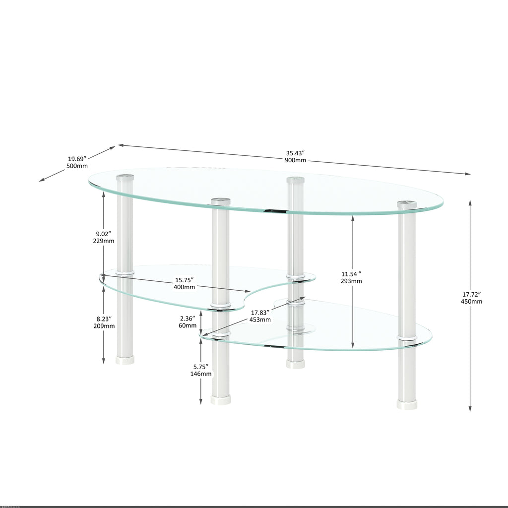 Leoglint Transparent Oval glass coffee table, modern table with stainless steel  leg, tea table 3-layer glass table for living room