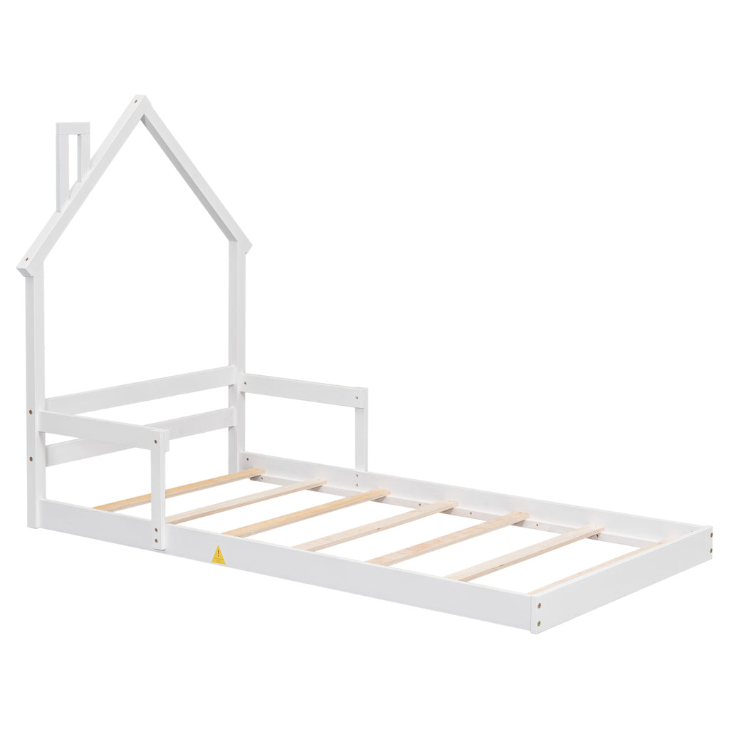 Twin House-Shaped Headboard Floor Bed Frame with Handrails ,slats,White