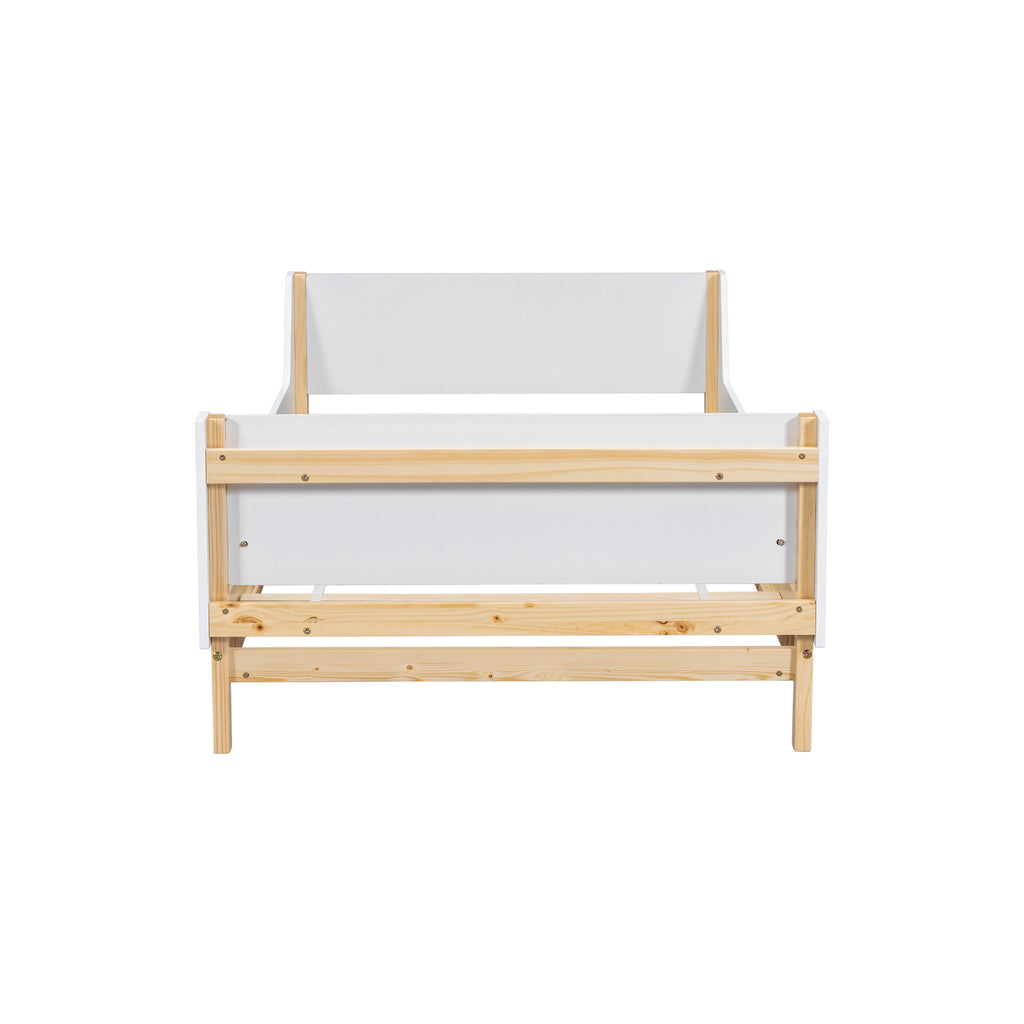 Twin Bed Frame with Headboard, Footboard, Safeguards,  Built-in Bed-end Book Storage Rack ,White