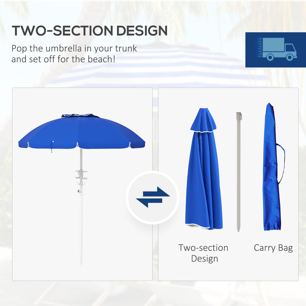 Leoglint 5.7' Portable Beach Umbrella with Tilt, Adjustable Height, 2 Cup Holders & Hooks, UV 40+ Ruffled Outdoor Umbrella with Vented Canopy, Blue