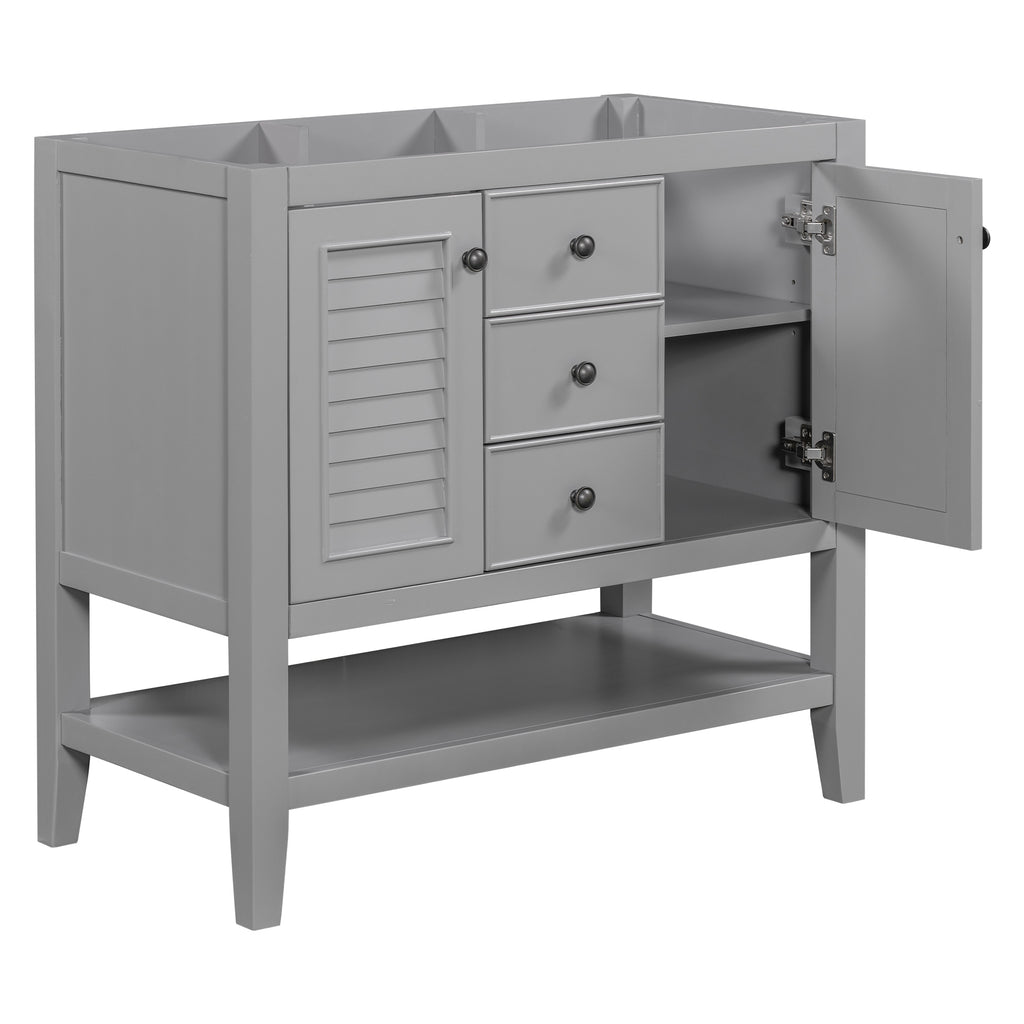 Leoglint 36" Bathroom Vanity without Sink, Cabinet Base Only, Two Cabinets and Drawers, Open Shelf, Solid Wood Frame, Grey