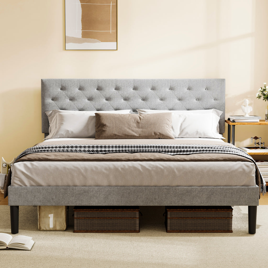 Simple Queen Size Grey Bed frame, Adjustable Headboard