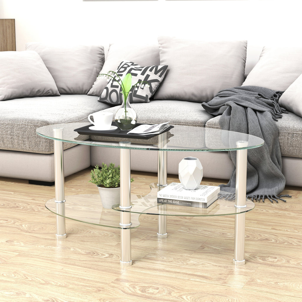 Leoglint Transparent Oval glass coffee table, modern table with stainless steel  leg, tea table 3-layer glass table for living room