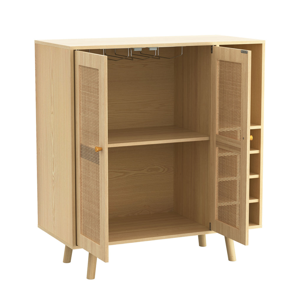 Leoglint Sideboard Bohemian Bar Cabinet, Natural Rattan Doors, Removable Wine Rack in Natural Wood