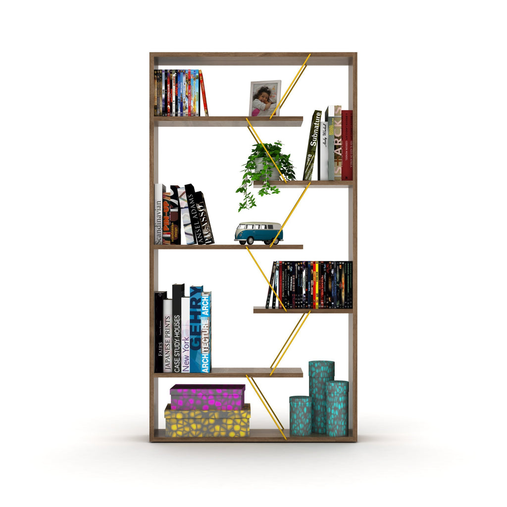 Leoglint Furnish Home Store Wood Frame Etagere Open Back 6 Shelves Bookcase Industrial Bookshelf for Office and Living Rooms Modern Bookcases Large Bookshelf Organizer, Walnut/Yellow