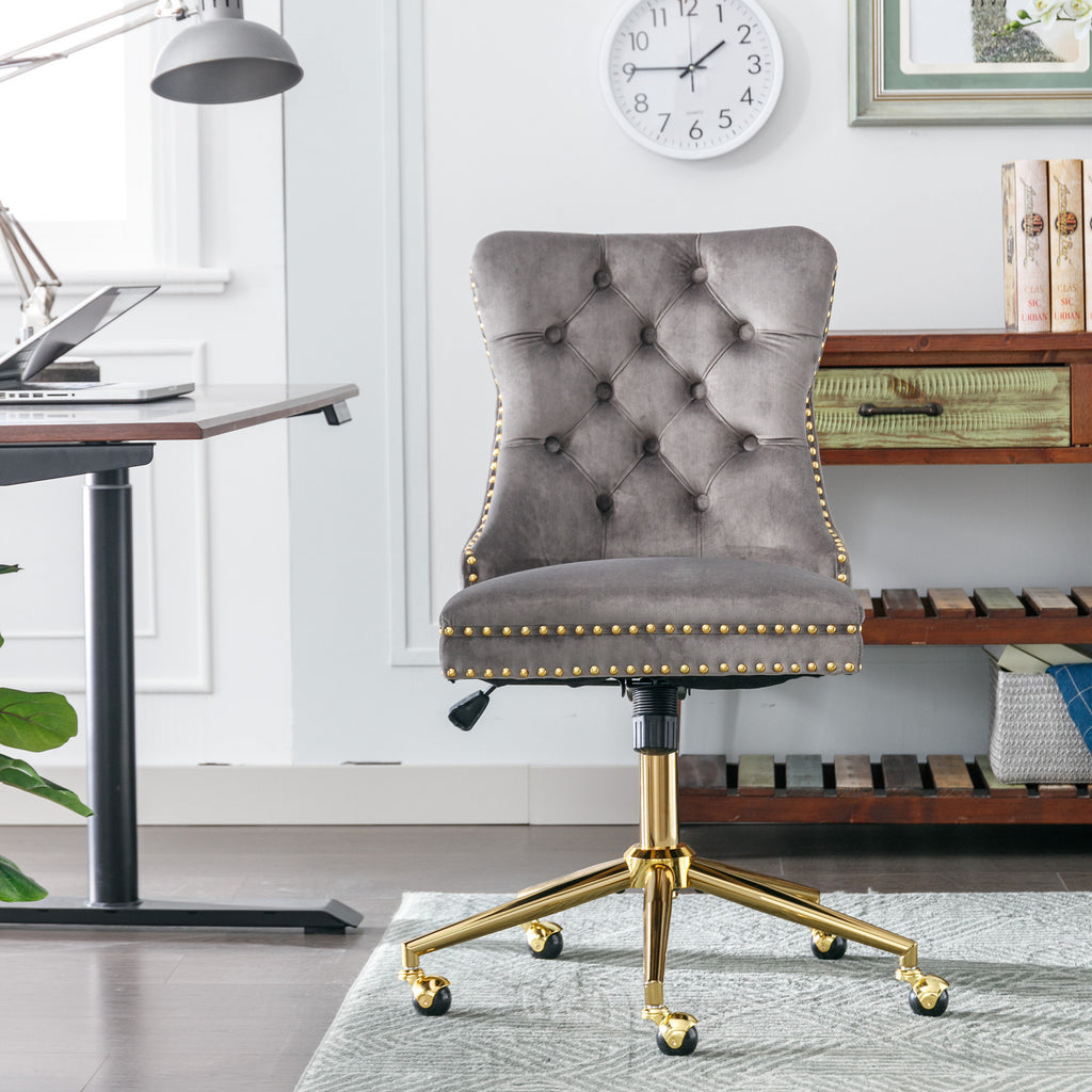 Leoglint A&A Furniture Office Chair,Velvet Upholstered Tufted Button Home Office Chair with Golden Metal Base,Adjustable Desk Chair Swivel Office Chair (Gray)