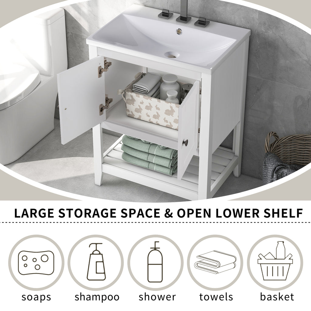 Leoglint 24" Bathroom Vanity Base Only, Soild Wood Frame, Bathroom Storage Cabinet with Doors and Open Shelf, White