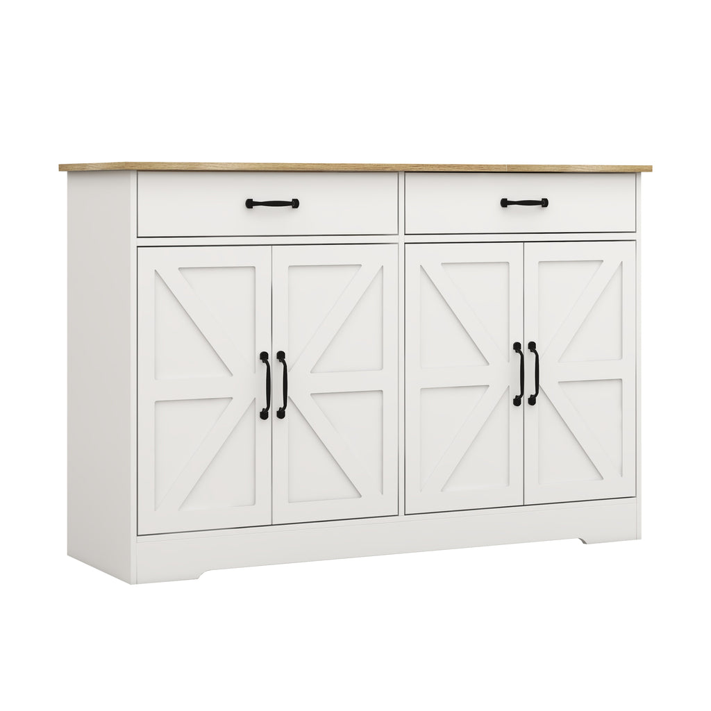 Leoglint 47.95" Farmhouse Buffet Cabinet Storage Sideboard with 2 Drawers and 4 Doors for Dining Living Room Kitchen Cupboard-White