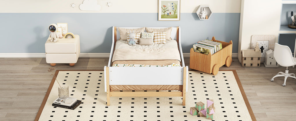 Twin Bed Frame with Headboard, Footboard, Safeguards,  Built-in Bed-end Book Storage Rack ,White