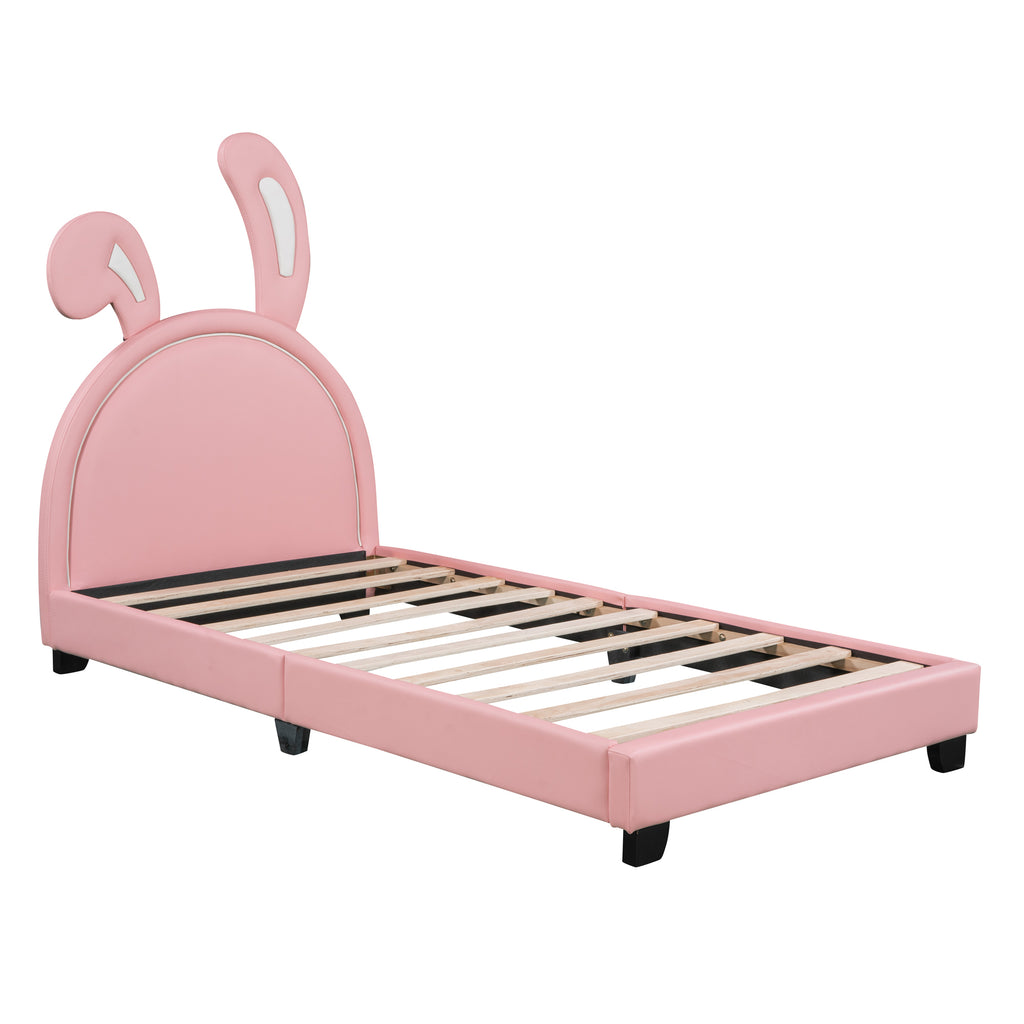 Leoglint Twin Size Upholstered Leather Platform Bed Frame with Rabbit Ornament, Pink