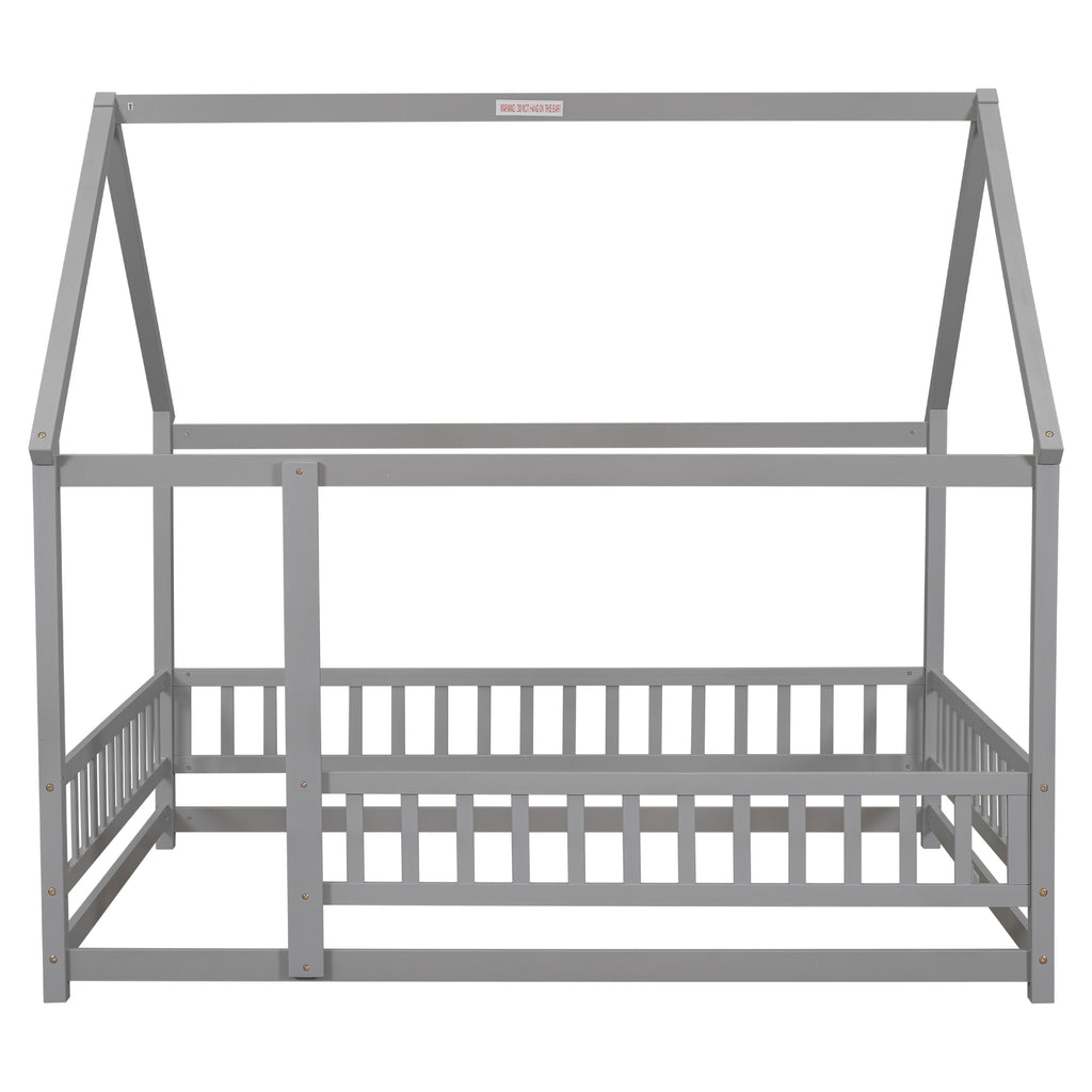 Leoglint Bed Frame Full Size Floor Wooden Bed with House Roof Frame, Fence Guardrails ,Grey