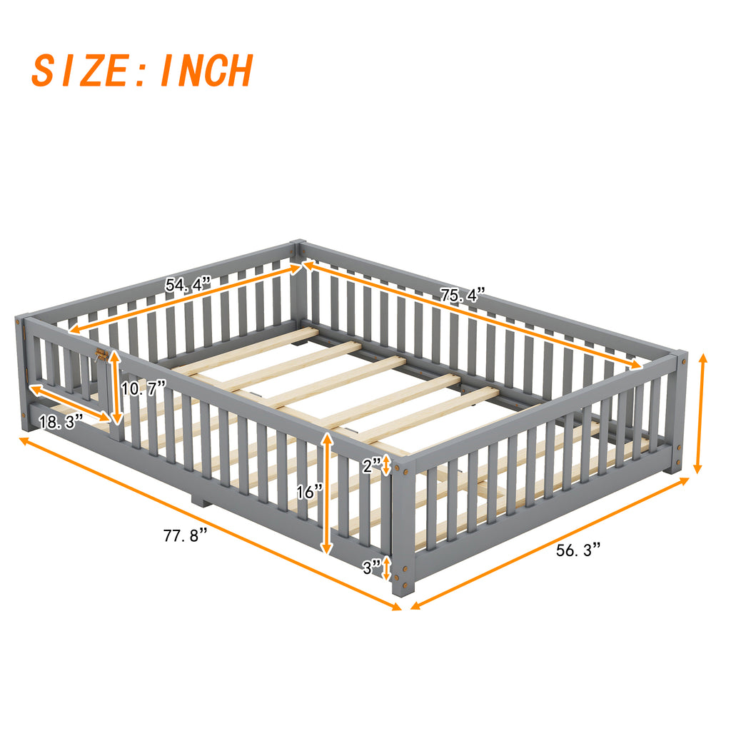 Leoglint Full Size Bed Floor Bed Frame with Safety Guardrails and Door for Kids, Gray(Old SKU: W158090691)