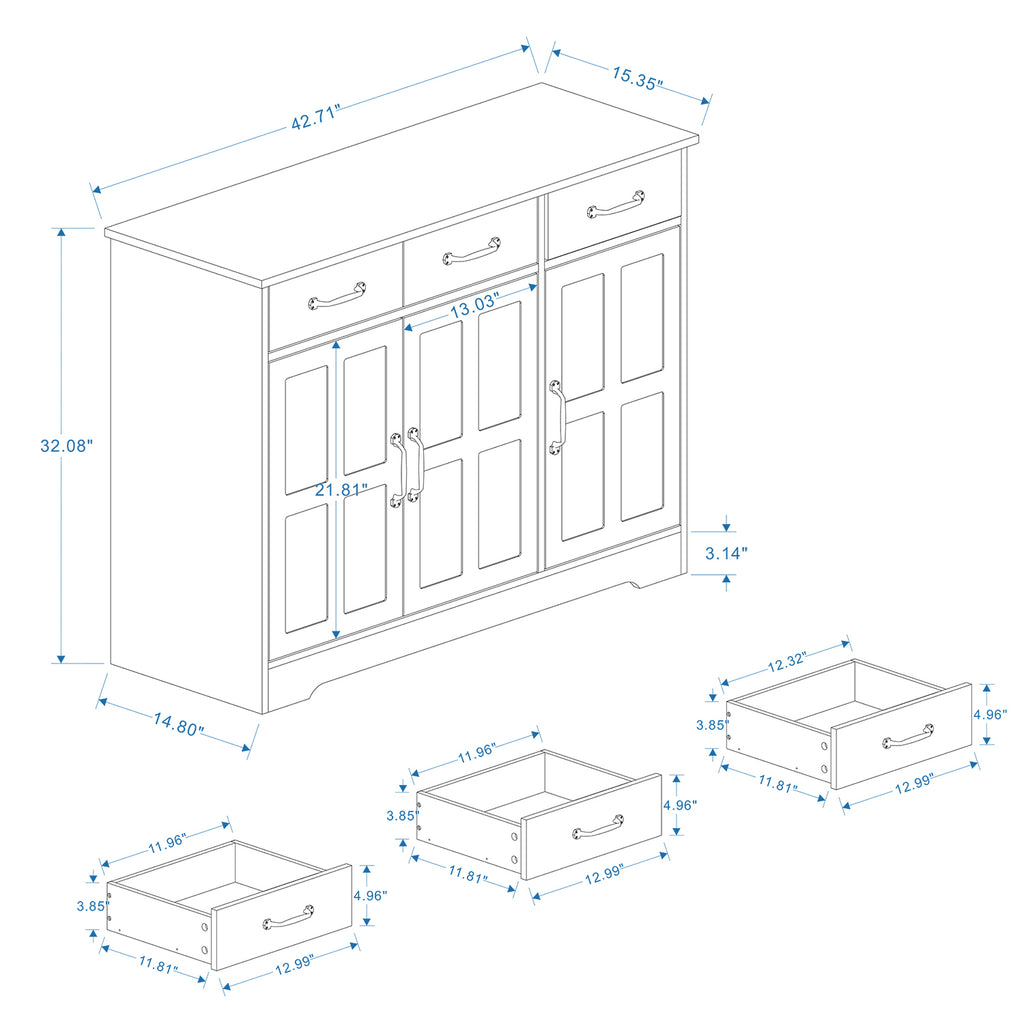 Leoglint Farmhouse Buffet Cabinet Storage Sideboard with 3 Drawers and 3 Doors for Dining Living Room Kitchen Cupboard-White