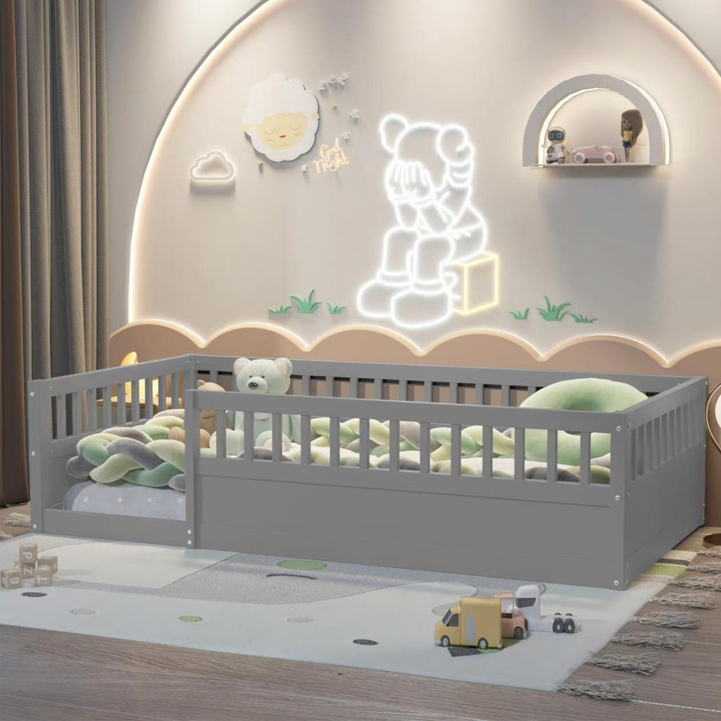 Twin Floor Bed Frame with Fence, Wood Kids Floor Beds Frame for Bedroom Playroom,Gray(Expect arrive date Jun. 21st)