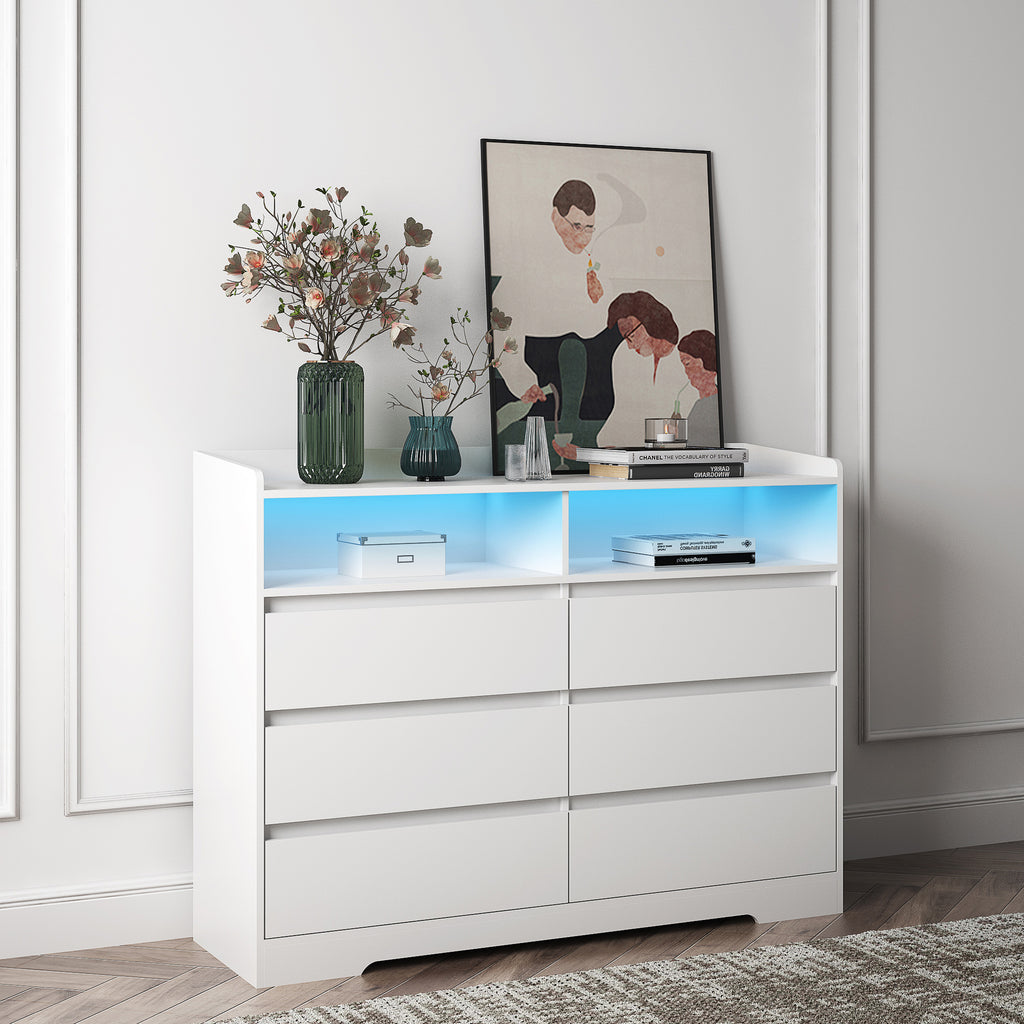 Leoglint 6 Drawer Chest Drawer Dresser, White Dresser for Bedroom with LED Lights, Modern Dressers & Chests of Drawers with Sturdy Frame for Living Room, Entryway, Hallway