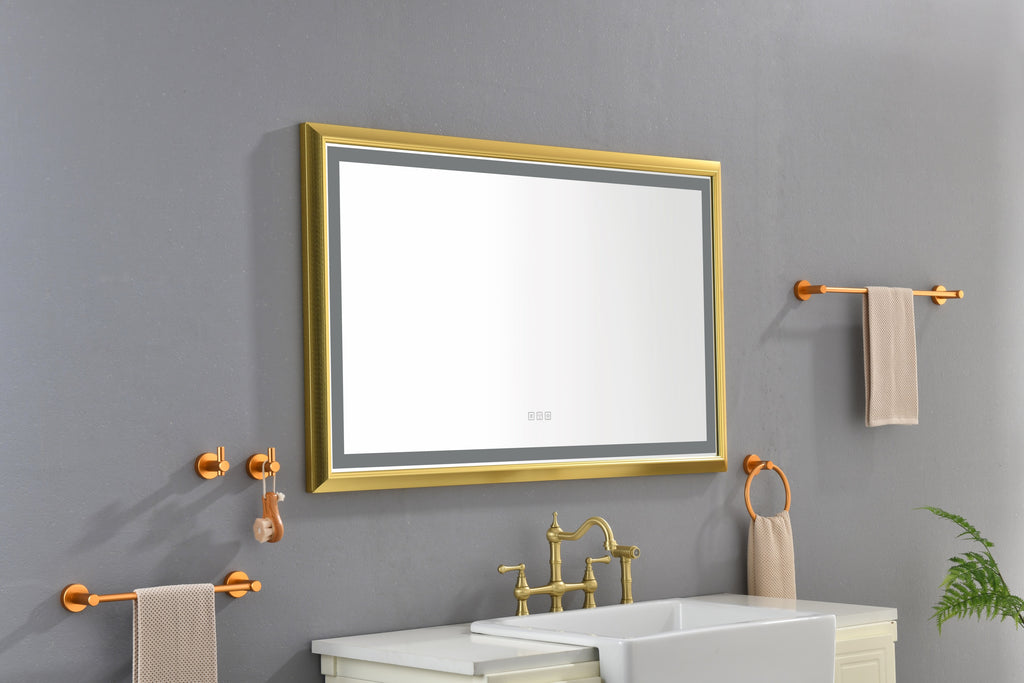 Leoglint 48 in. W x 30 in. H Oversized Rectangular Gold Framed LED Mirror Anti-Fog Dimmable Wall Mount Bathroom Vanity Mirror   Wall Mirror Kit For Gym And Dance Studio