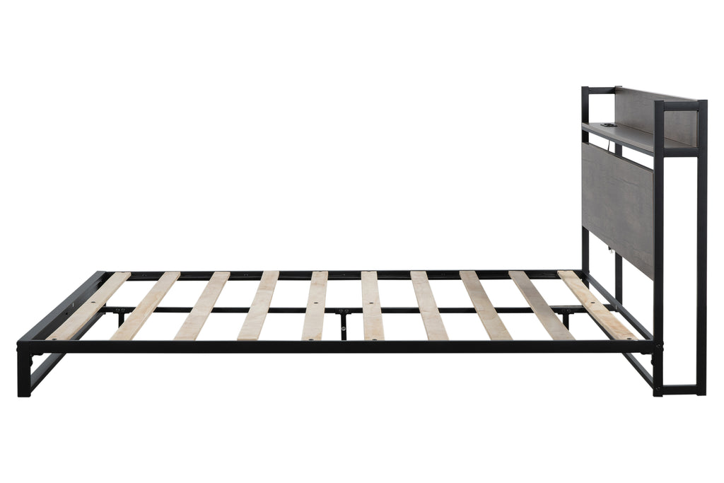 Platform Queen Bed Frame with Socket, Fast Assemble Design