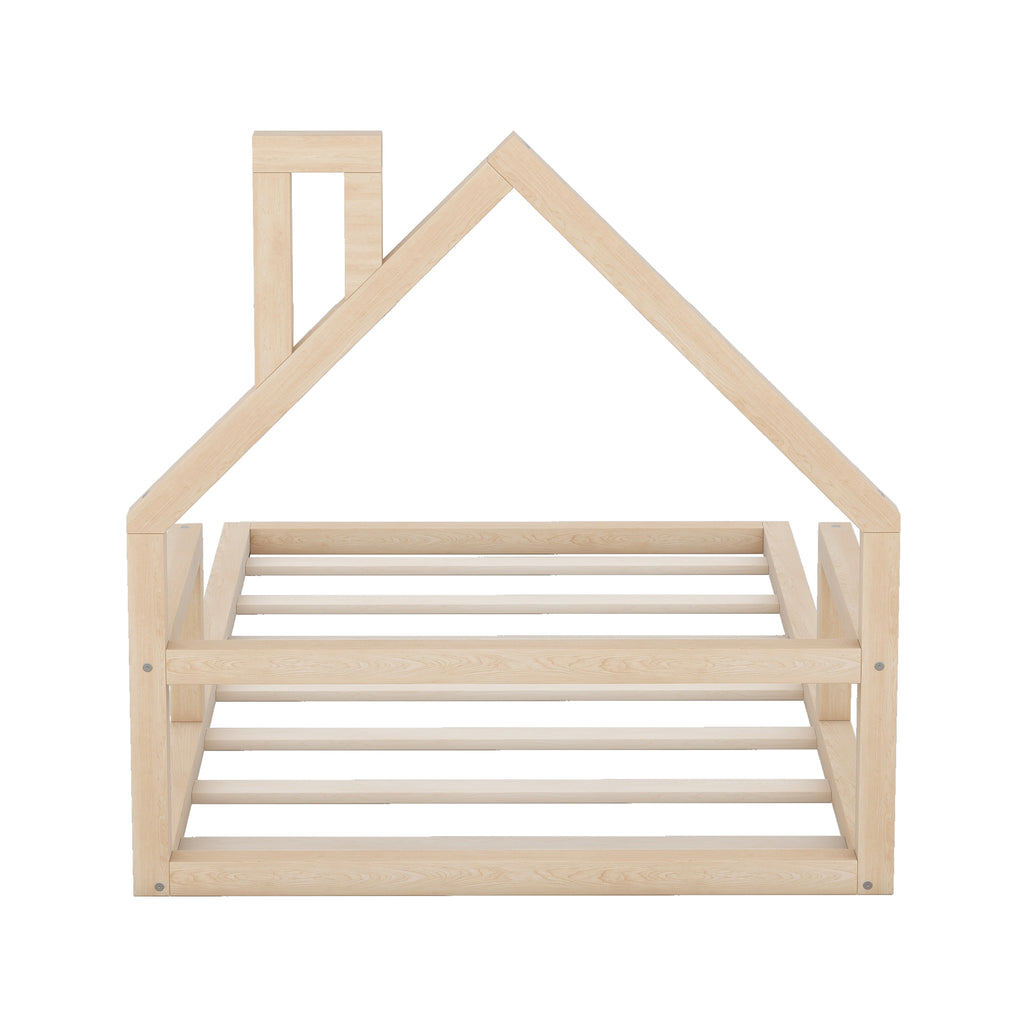 Leoglint Twin Size Wood Floor Bed Frame with House-shaped Headboard, Natural