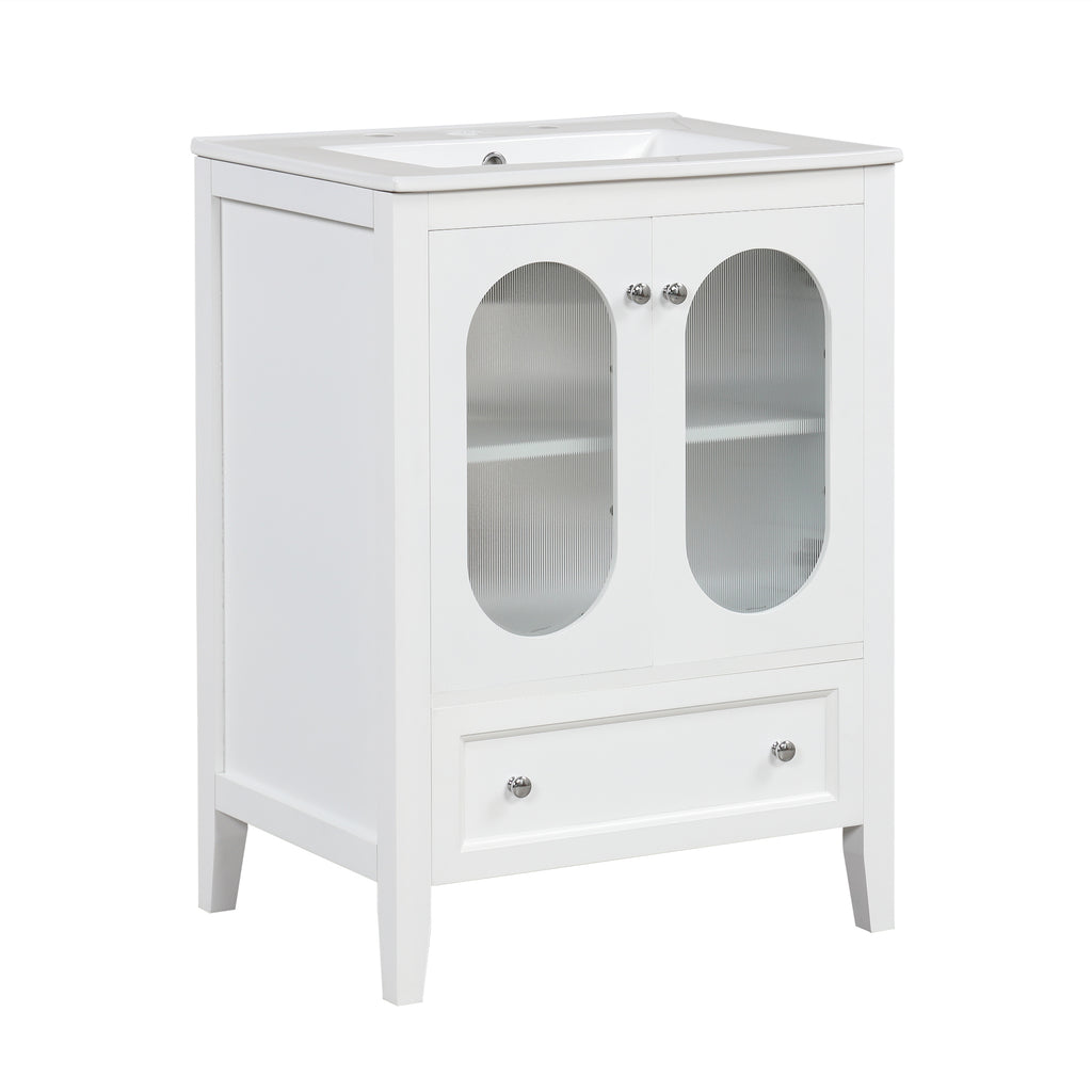 Leoglint 24" Bathroom Vanity with Sink, Bathroom Vanity Cabinet with One Drawer and Doors, Adjustable Shelf, Solid Wood and MDF, White