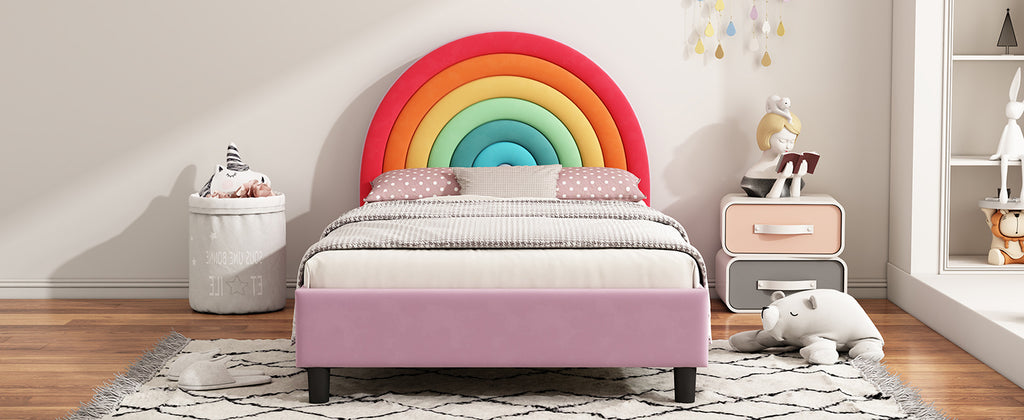 Rainbow Design Upholstered Twin Platform Bed Frame Cute Style Princess Bed for Boys & Girls, Teens, Colorful & Pink